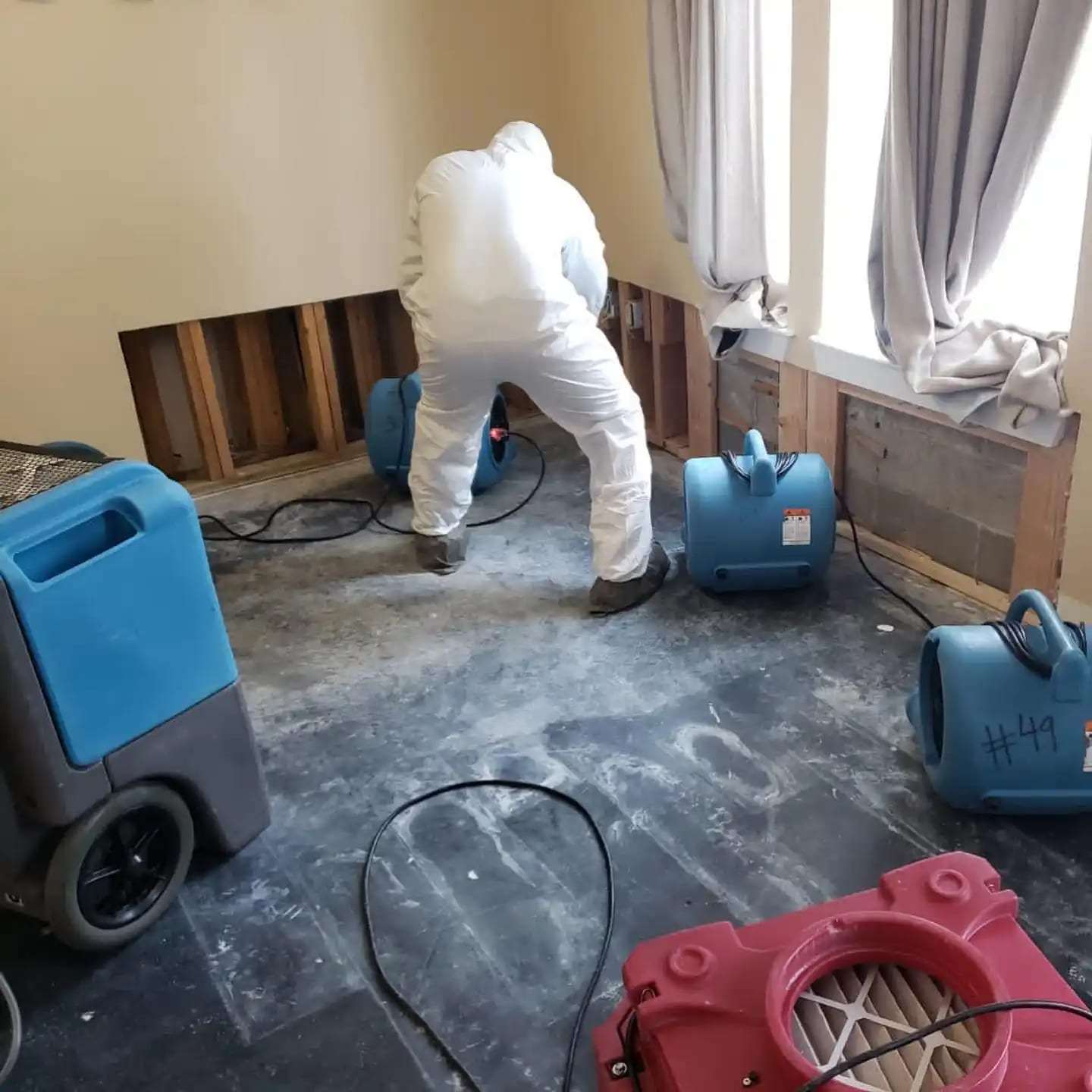 Technician checking flood-cut walls in a room with a dehumidifier and air movers